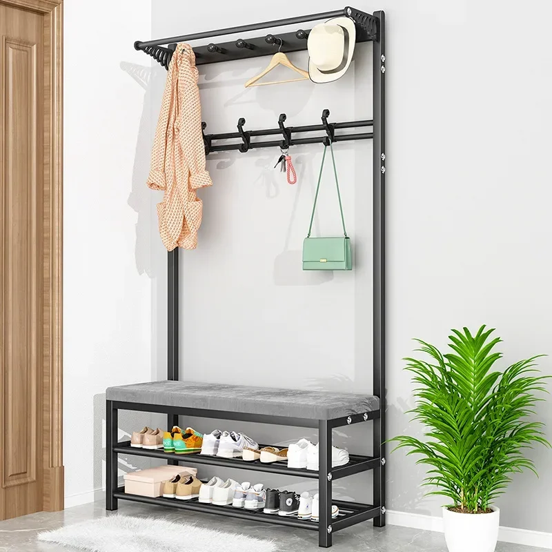 Mobile Coat Rack Shoe Bench Bedroom Metal Hanging Clothes Rack Shoe Bedroom Stool Clothing Home Entryway Furniture