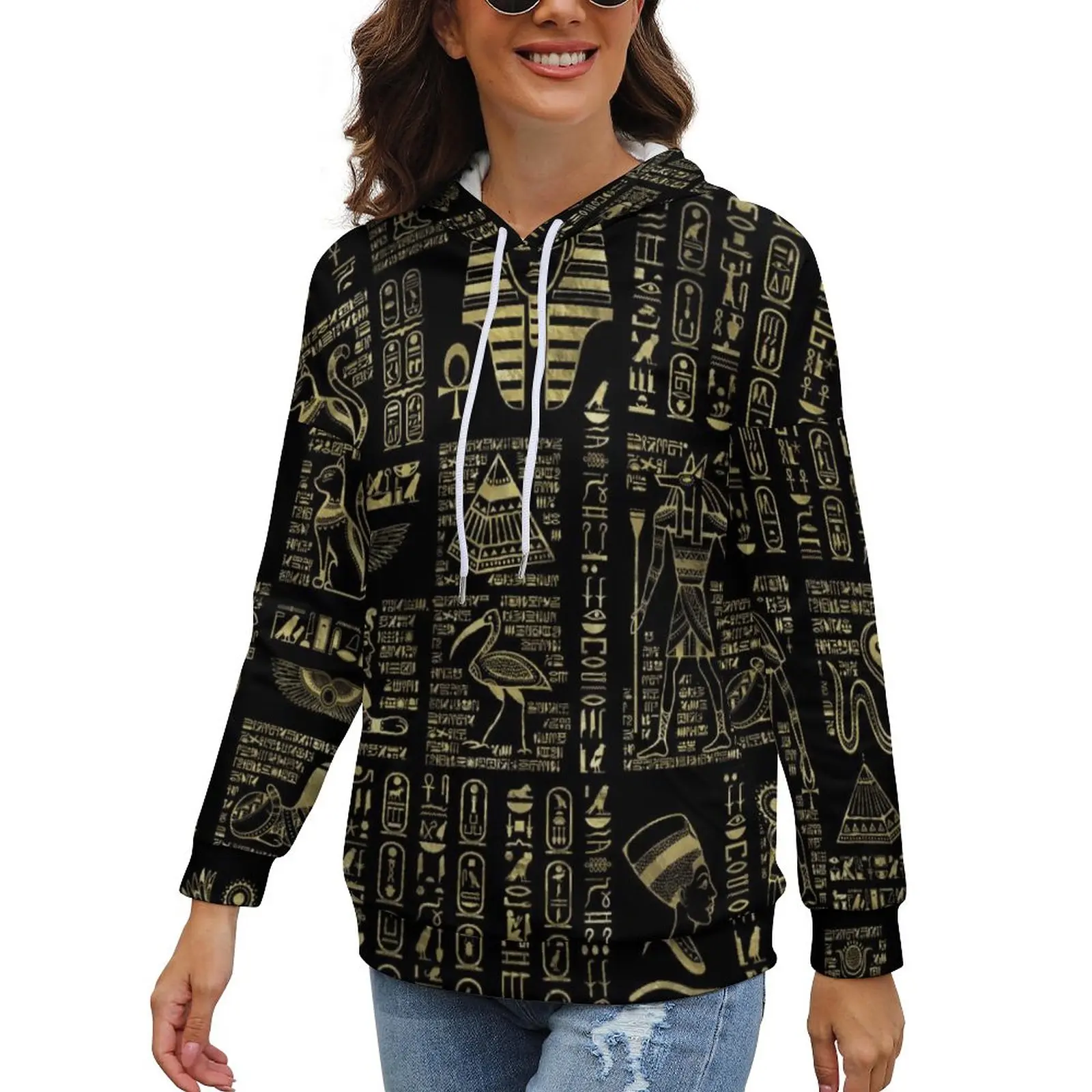 Retro Letter Print Hoodies Egyptian Hieroglyphs Streetwear Oversize Pullover Hoodie Lady Long Sleeve Elegant Graphic Sweatshirts