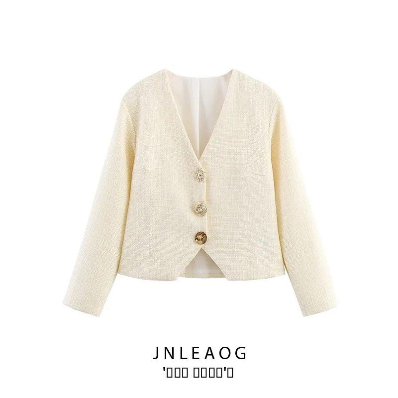 

JNLEAOG Autumn New Women's Faion Design Decorative Button Asymmetrical Collar V-ne Top Luxury Sle Stand Fit ort Coat