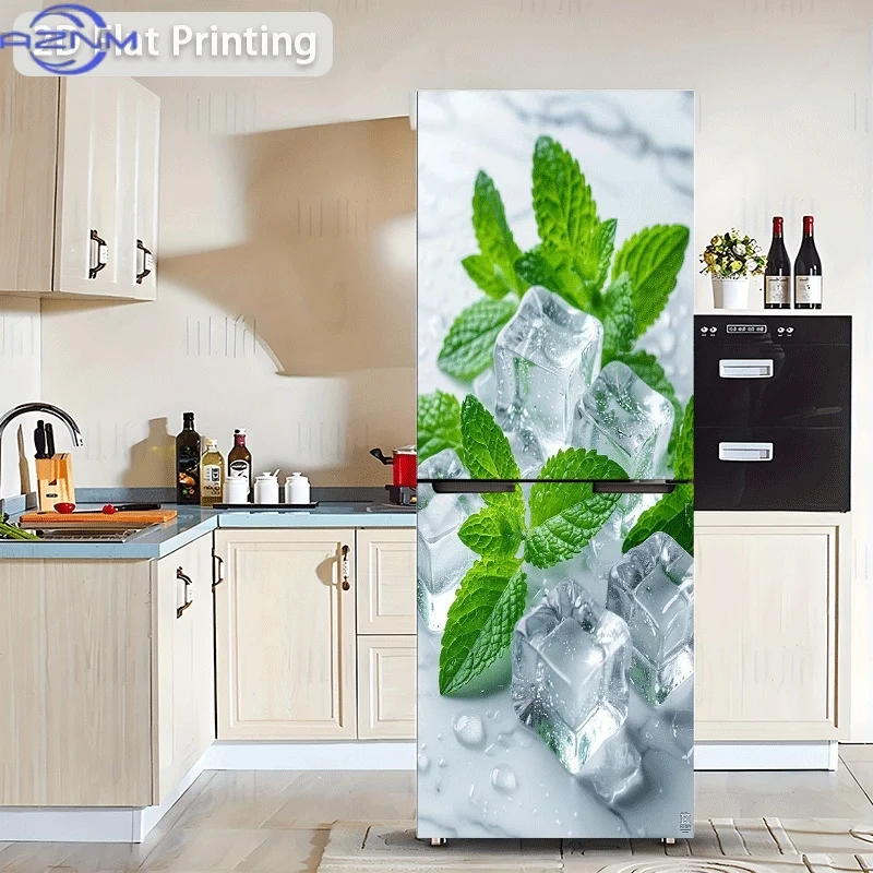1pc 2D Flat 2D Print 2D Graphic Design Refrigerator Sticker Ice Cubes And Mint Leaves Wall Sticker Self-Adhes