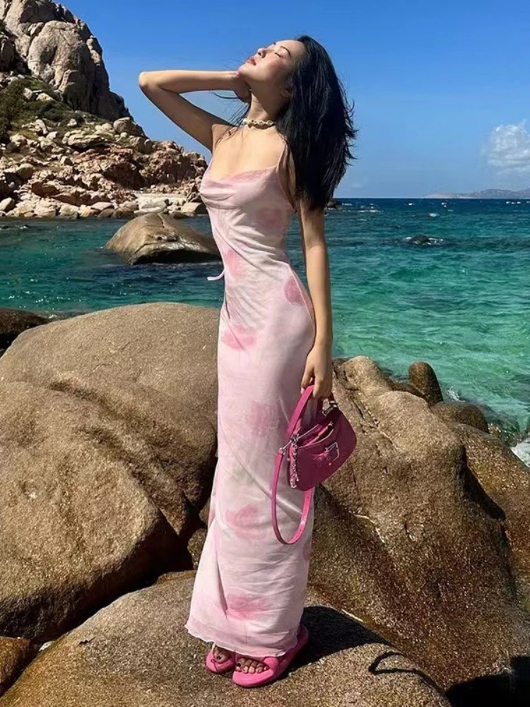 فستان ماكسي مثير بقماش شفاف أوروبي أمريكي 2025 فساتين جديدة بدون حمالات فستان طويل ضيق مطبوع عليه زهور لملابس النساء