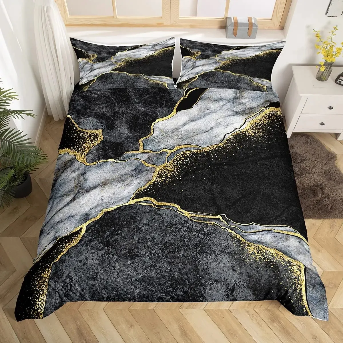 Black Golden Marble Duvet Cover Set,Gold Giltter Bedding Sets,Grey Marble Comforter Cover,Tie Dye Fluid Abstract Art Quilt Cover