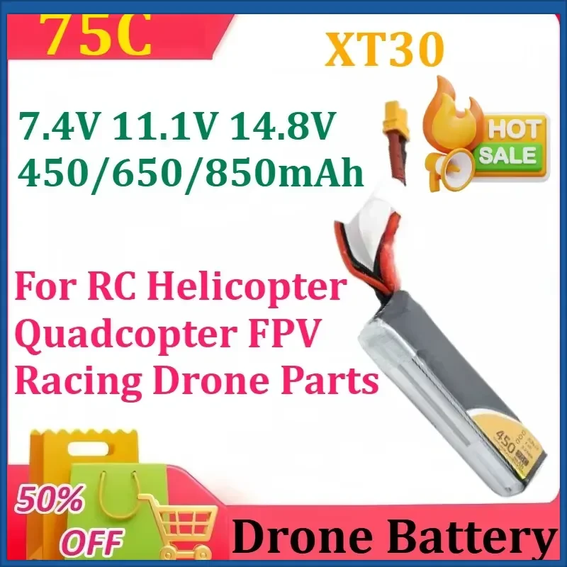 7.4V 450/650/850mAh 75C Lipo Battery For RC Helicopter Quadcopter FPV Racing Drone Parts With XT30 2S 3S 4S Rechargeable