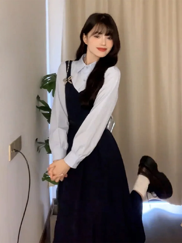 Jupe longue en Faux deux pièces pour fille, style coréen, bretelles Dr, taille haute, en Fiber de Polyester douce et confortable, automne et hiver