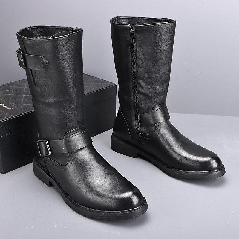 men's fashion stage performance high knigth boots brand designer original leather shoes cowboy long boot buckle motorcycle botas
