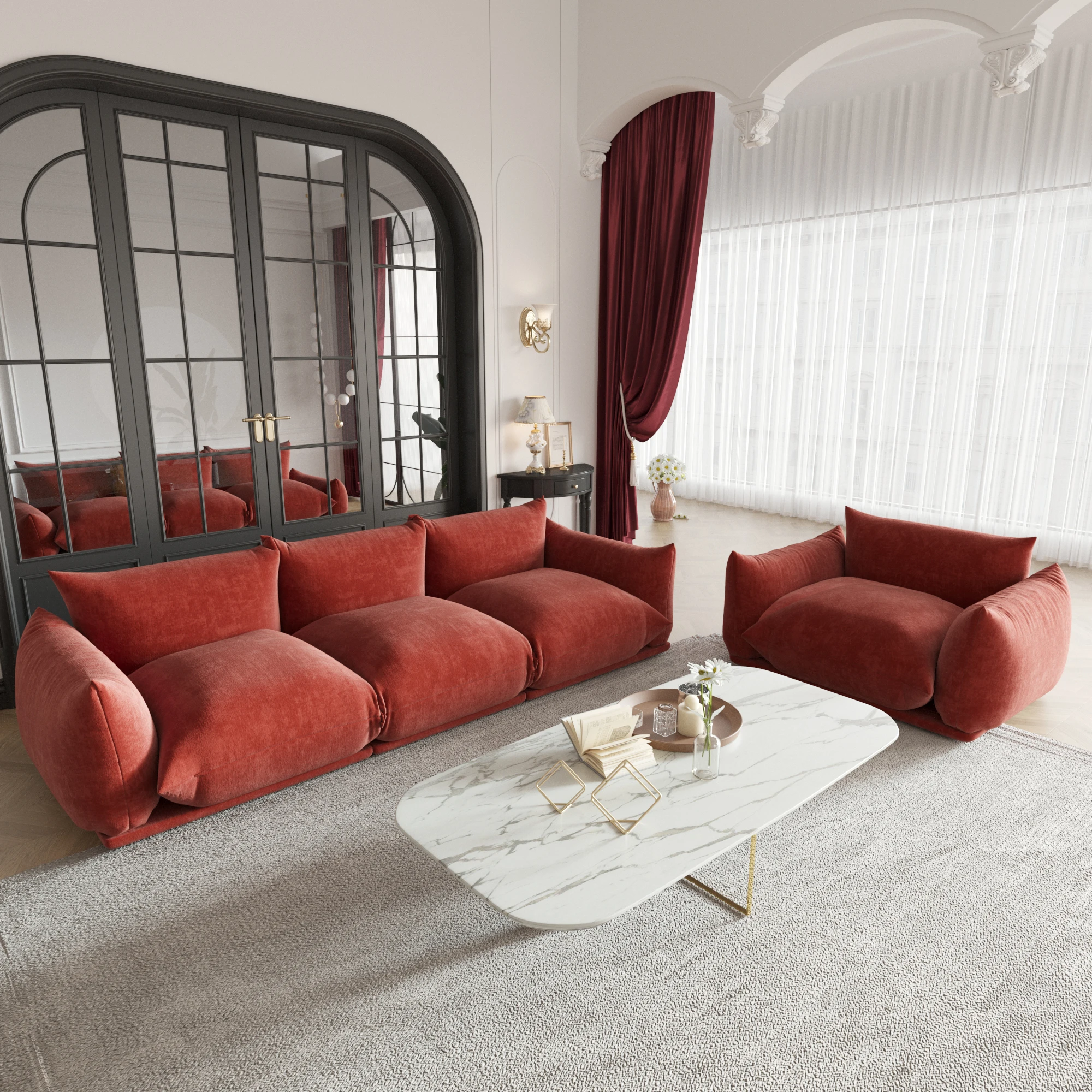

ATUNUS Drop Shipping Designer Modern Red Velvet Fabric Living Room Family Sofa 1 2 3 4 7 Seater Couch Floor Sofa Set
