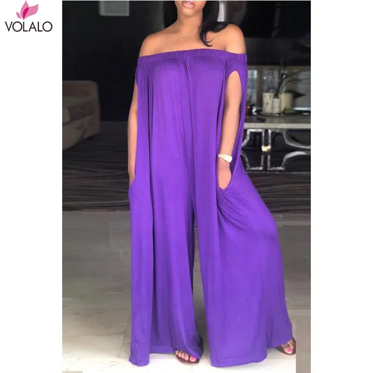 

VOLALO Summer Black/Blue/White/Gray Casual Ladies Loosed Jumpsuits 3XL XXXL Sexy Off Shoulder Slash Neck Jumpsuits