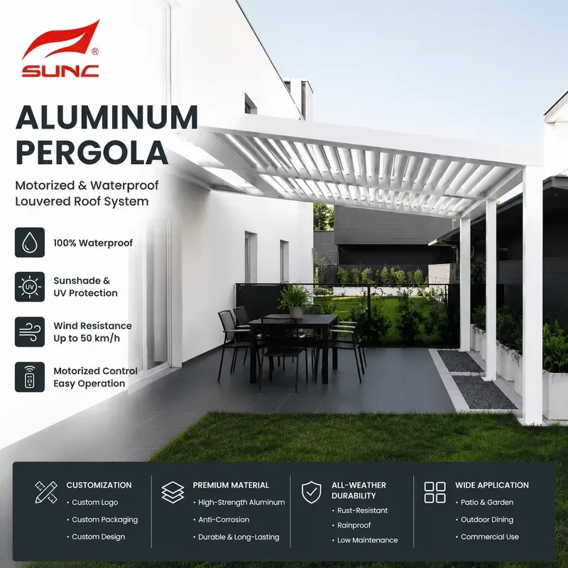 for Aluminum Pergola Motorized Waterproof Louvered Roof System 100 Percent Waterproof UV Sunshade Wind Resistance up