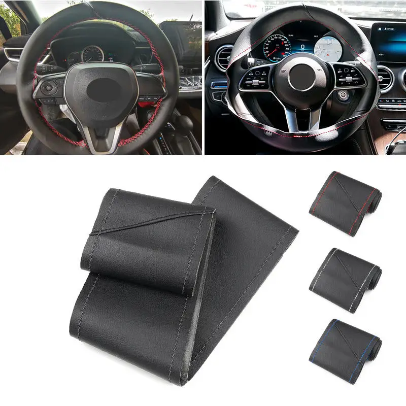 38cm Hand-sewing Black - red blue line Microfiber Leather Car-styling Interior Steering Wheel Cover With Needle and Thread Kits
