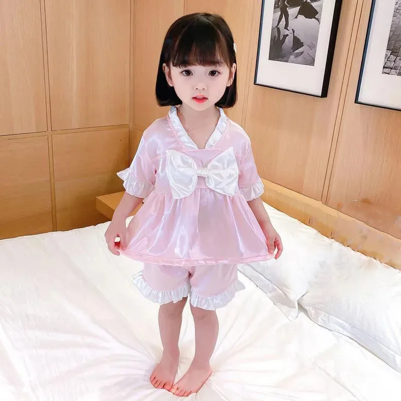 1 PC Ice Silk Girls Pajamas Sweet Princess Style Short-sleeve Trousers Pajamas Set Baby Home Clothes Children's Thin Pajamas