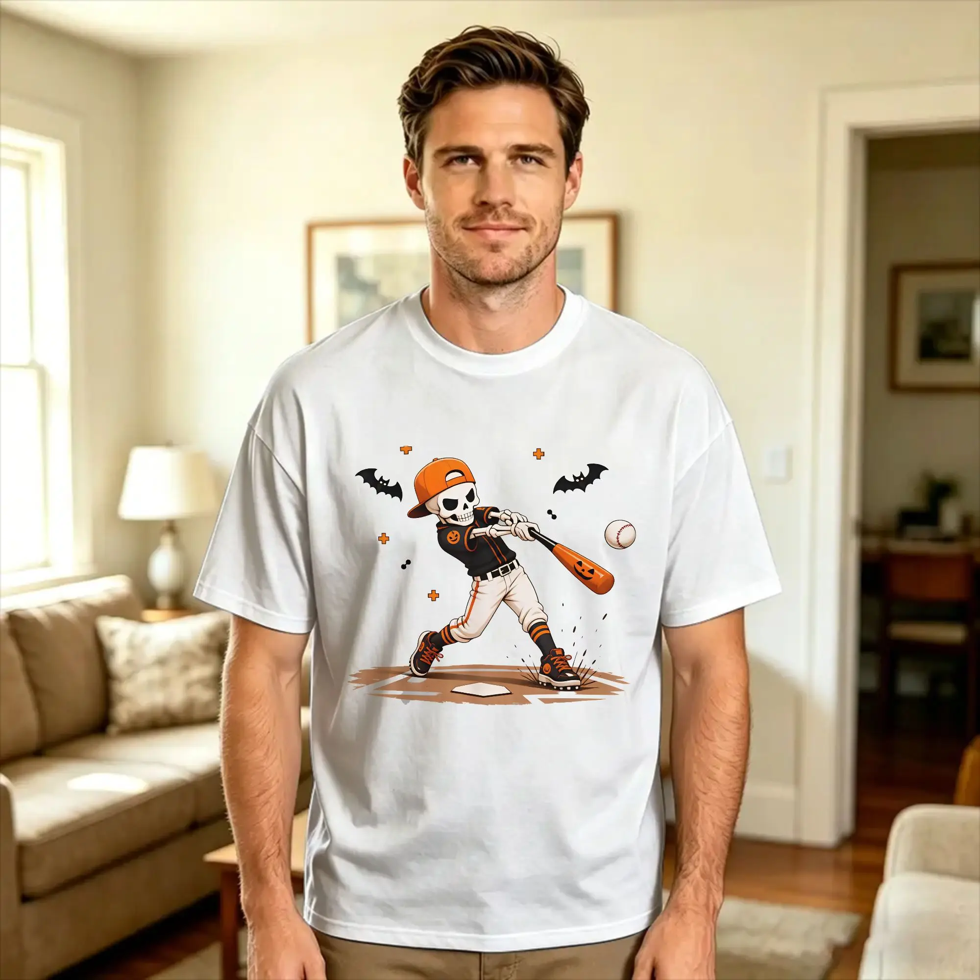 Oversized T Shirt Beach Halloween Skeleton Baseball Costume Hipster T-Shirts  100% Cotton Tshirt for Couple Y2K Classic  Clothes