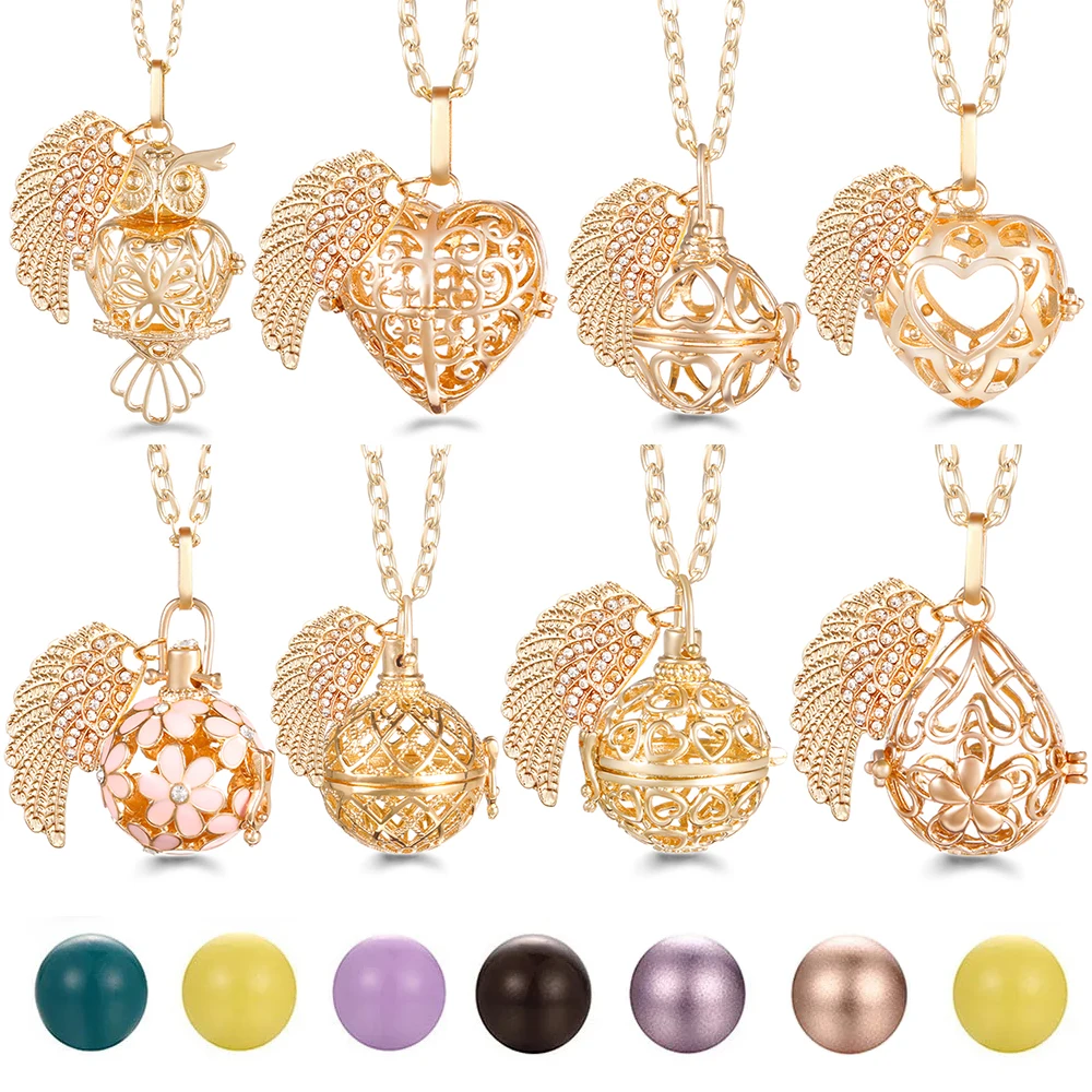 Mexico Chime Caller Golden Angel Wings Aromatherapy Diffuser Heart Shape Women Bola Necklace Perfume Lockets Pendant Accessories