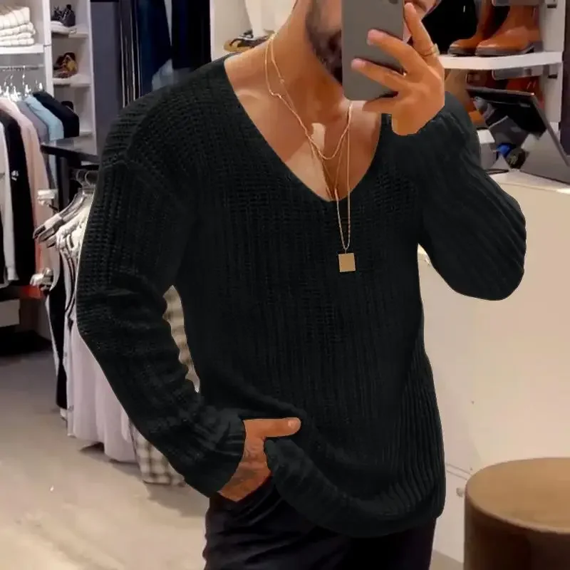 Suéter de punto liso con cuello en V para hombre, Jersey informal de manga larga, Tops Harajuku, ropa de calle, moda de otoño e invierno, 2023