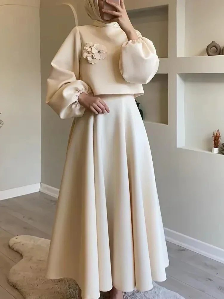 Ramadan Elegant 2 Piece Set Women Lantern Sleeve Flower Crop Top High Waist A-line Skirt Suit 2024 Spring Lady Abaya Turkey Sets