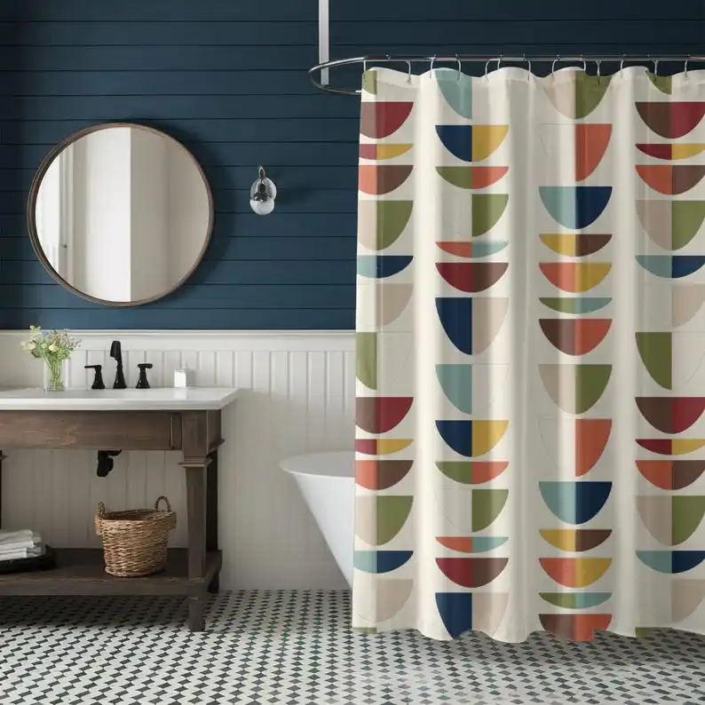 Mid-Century Modern Shower Curtain - Retro Geometric, 50s MCM, Teal, Green, Mustard & Rust, Quirky Bath Decor