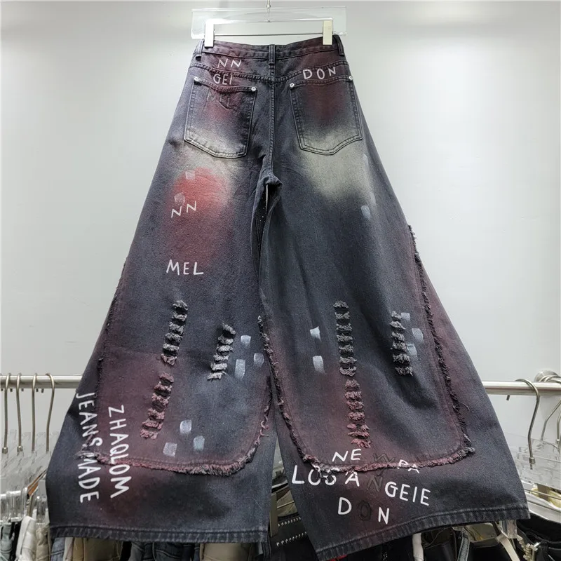American Vintage Washed Personality Hole Letters Machete Jeans Women New Autumn Hot Diamonds High Waist Wide Leg Denim Pants
