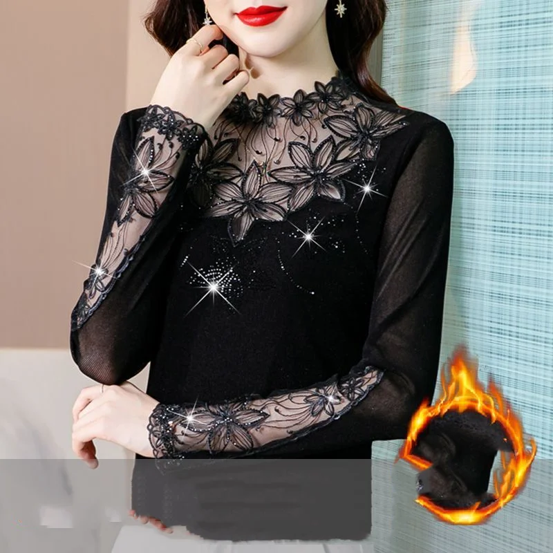 Autumn Winter New Women\'s Pullovers Solid Color O-Neck Long Sleeve Fashion Elegant Sequined Gauze Embroidery Sexy T-shirt Tops