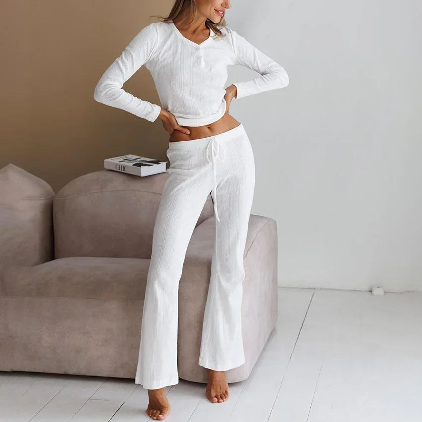 2024 Autumn White Knitted Hollow Jacquard Pajamas Two-piece Set Casual and Comfortable Women's Home Clothes