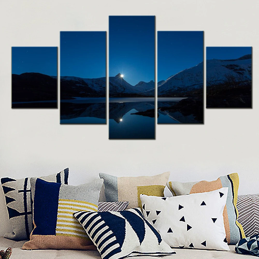 

5 Pieces Wall Arts Canvas Painting Calm Waters Landscape Night Mountains Modular Poster Picture Print Home Decor Living Room