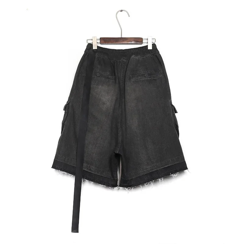 Dark RO High Street Men's Washed and Dyed  Workwear Denim Shorts Cropped Pants Casual Elaxtic Waist Loose Fit Casual Jean Pants