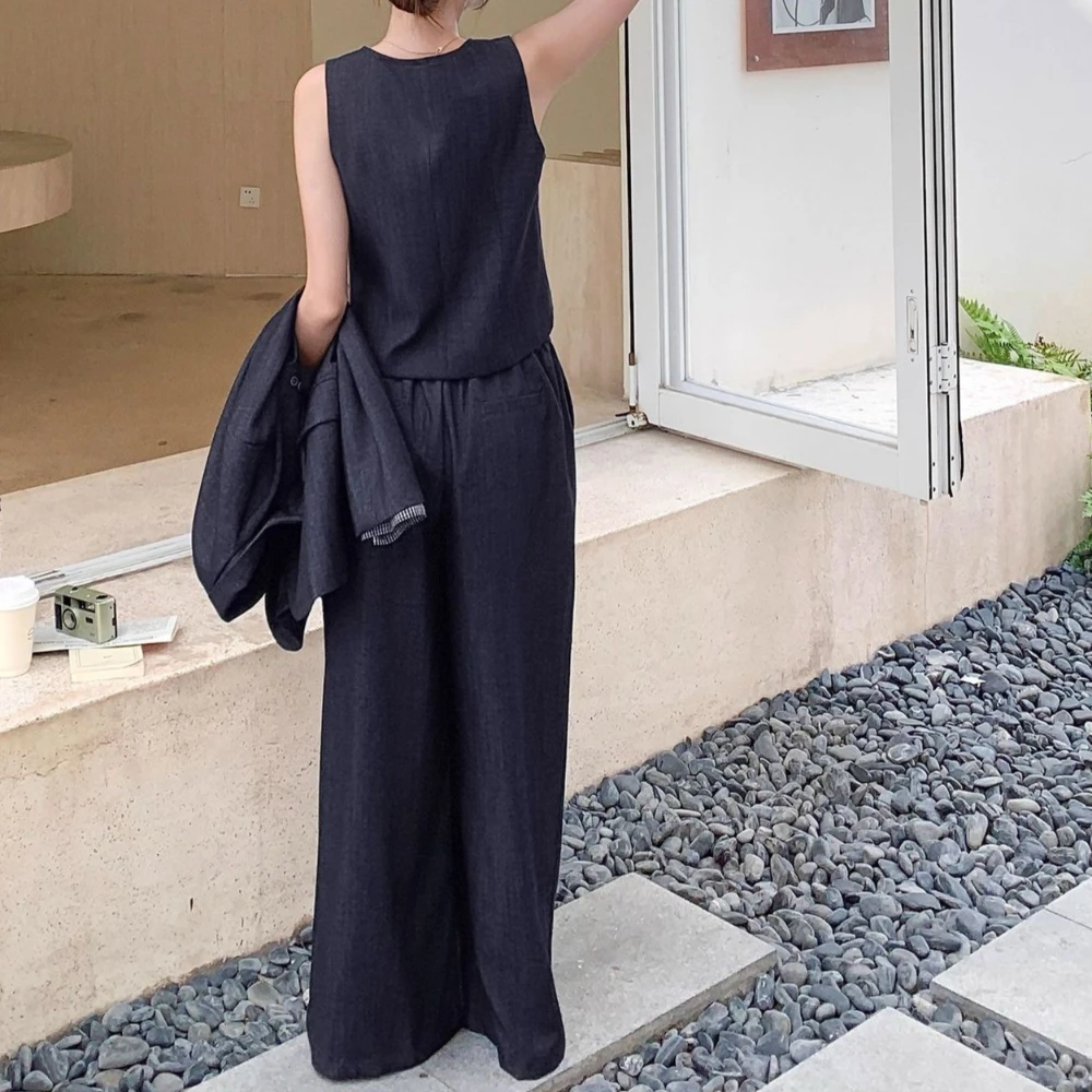 TWOTWINSTYLE Solid Spliced Pocket Three Piece Set Female Lapel Jacket Sleeveless Vest Korean Commute Women's Trousers Set New