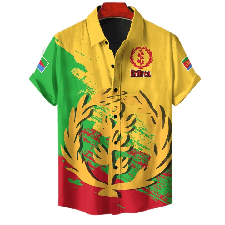 Africa Country Eritrea Map Flag Short Sleeve Shirts For Men Clothes Dashiki Blouses National Emblem Camel Hawaiian Lapel Blouse