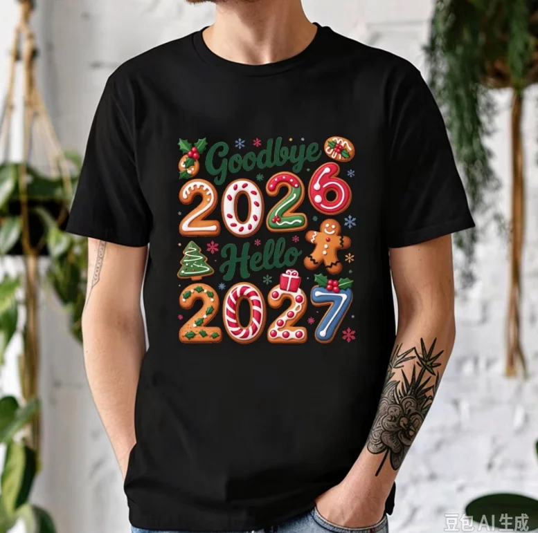 Unisex Goodbye 2026 Hello 2027 Gingerbread Cookie T-Shirt,New Year Christmas Short Sleeve Tee Family Holiday Party Casual Top