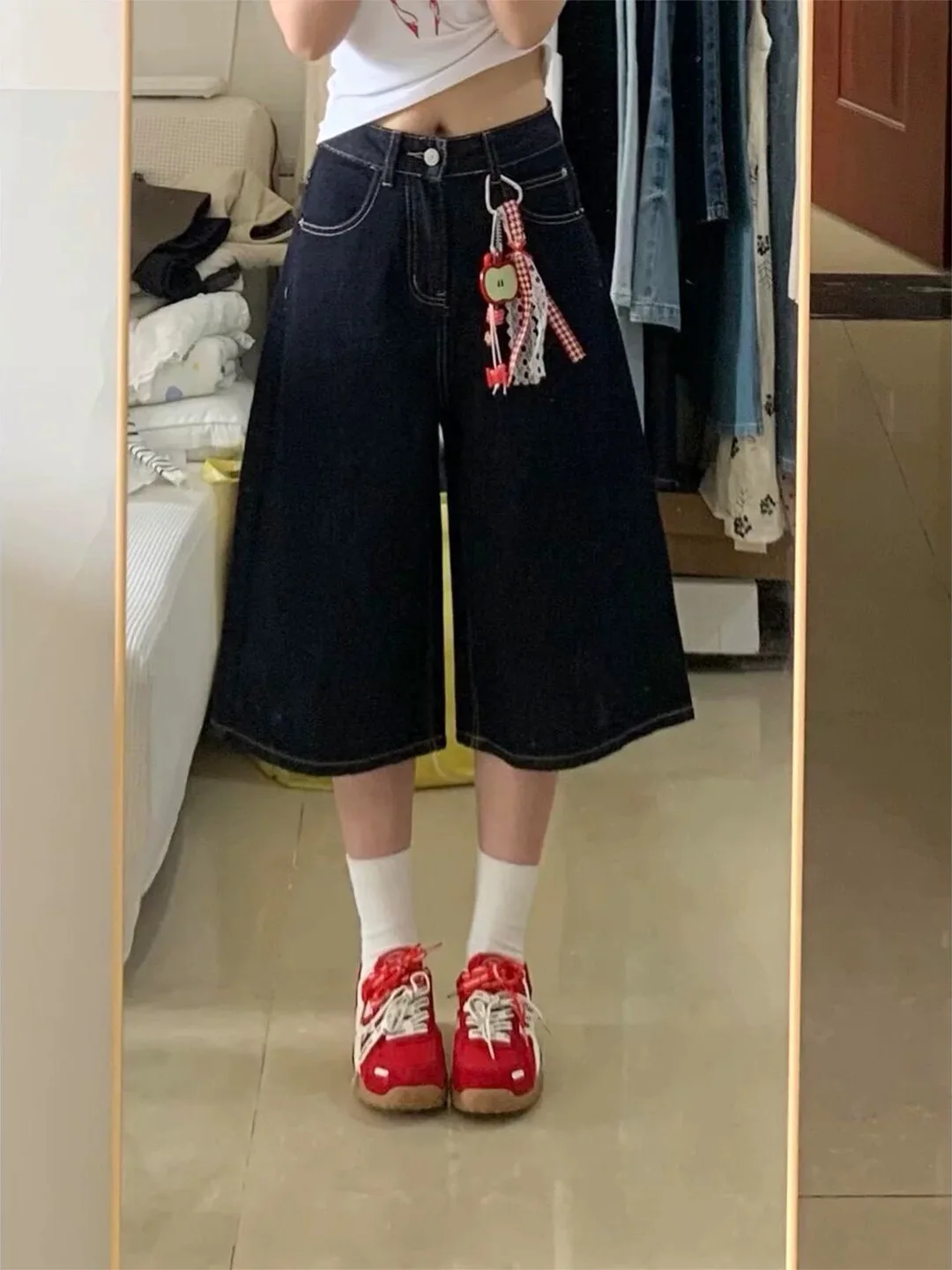 

Deep Blue Straight Leg Seven-Foot Women's Jeans Summer New Loose Casual Wide Leg Pants High Waist Vintage Washed Color