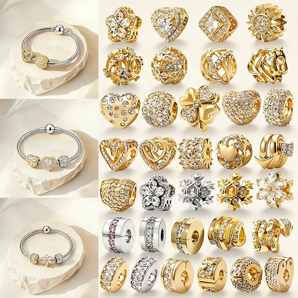 

Бусина-шарм DIY: Золотое полое сердце, четырехлистный клевер, снежинки, мерцающий блеск. Подходит для браслетов типа «змеиная кость» различных моделей. Ювелирное украшение, подарок.