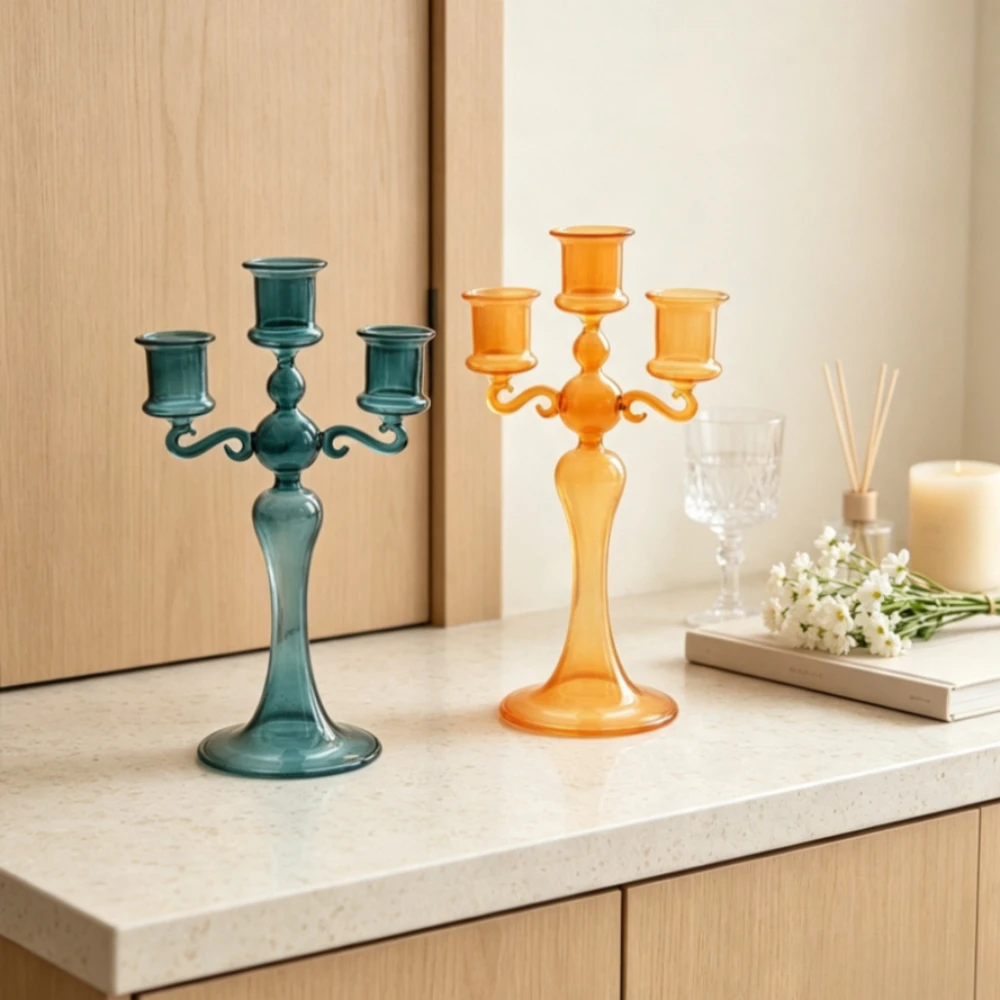 Nordic Transparent Glass Candlestick 3 Heads Candlesticks Taper Candle Holders Romantic Wedding Home Coffee Table Decor Ornament