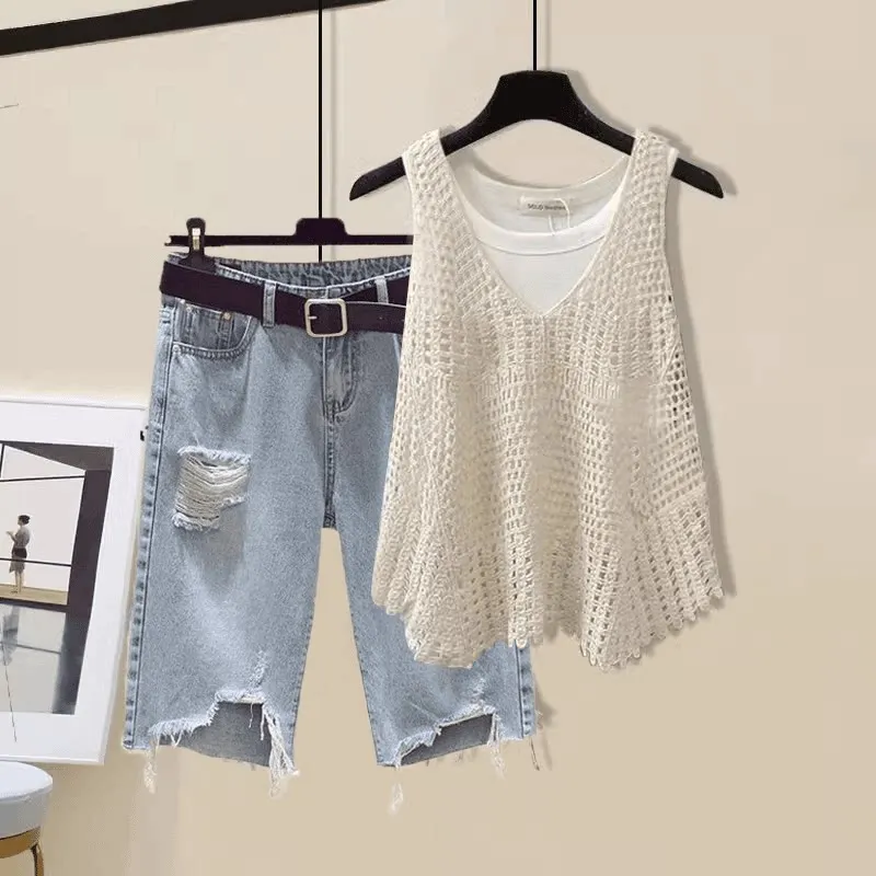 

Vacation Style Women's Hollow out Vest And Short Jeans Three Piece Set Summer Fashion Design Break Hole Effect Complete Outfit