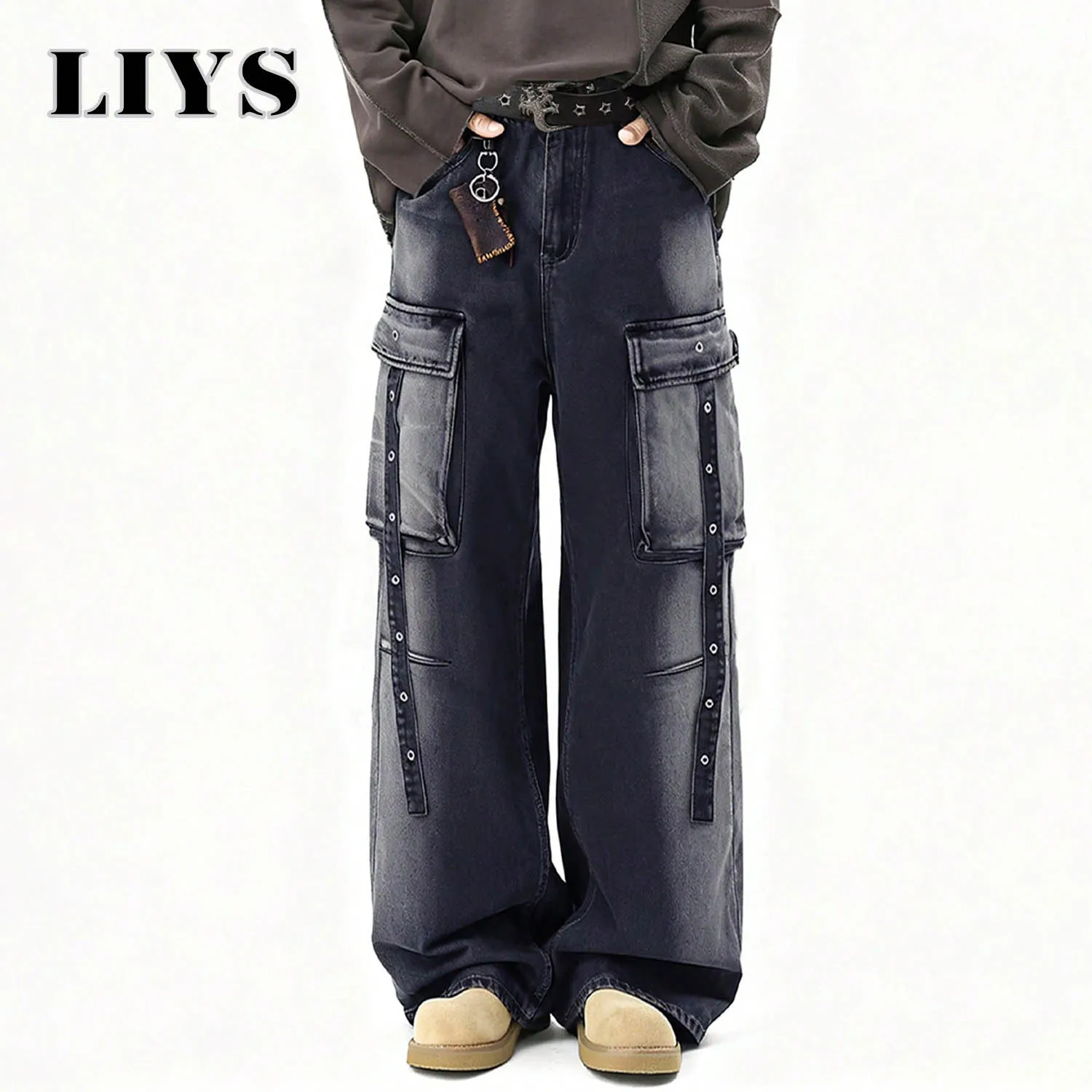 American Retro High Street Black Gray Baggy Wide Leg Men's Jeans Multiple Pockets Heavy-Duty Washed Workwear Denim Pants Unisex