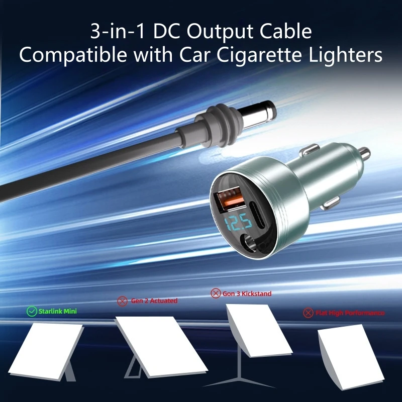 3 in 1 Car Charger Adapter for Starlink Mini with DC 5521 USB-C QC 3.0 3 Ports Support PD Fast Charging with 16AWG DC Cable