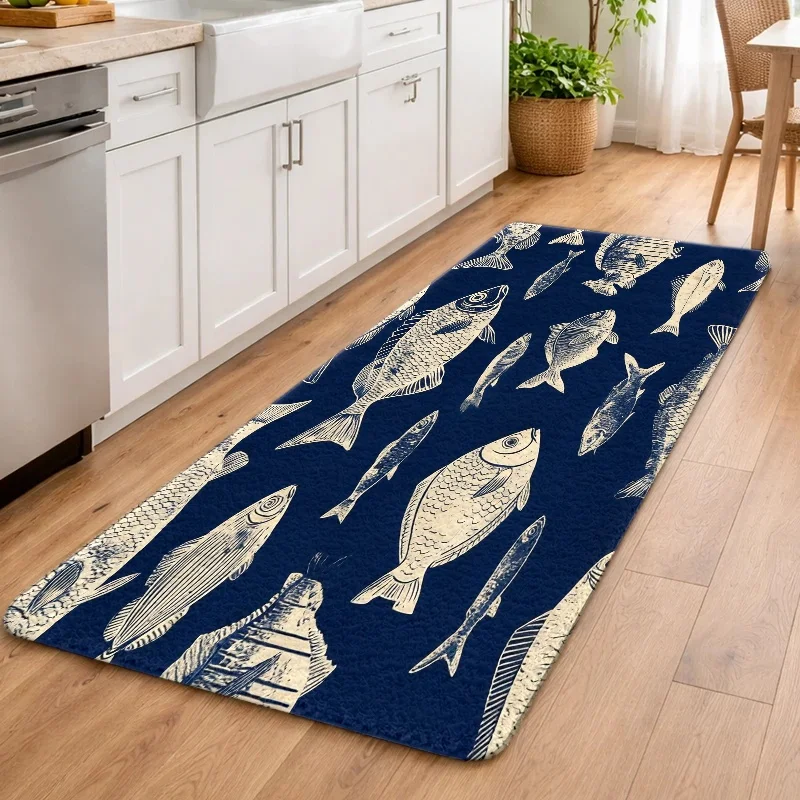 Nautical Fish Print Doormat Polyester Indoor Outdoor Welcome Rug Mat Coastal Seafood Fishing Decor Entrance Hallway Mat for Home