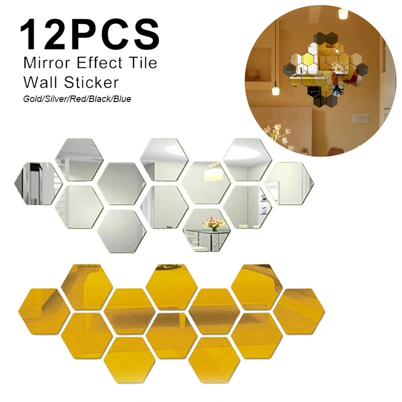 12pcs Acrylic 3D Mirror Wall Sticker Hexagon DIY Mural Removable Living-Room Decal Art Ornaments For Home Bedroom Decoration