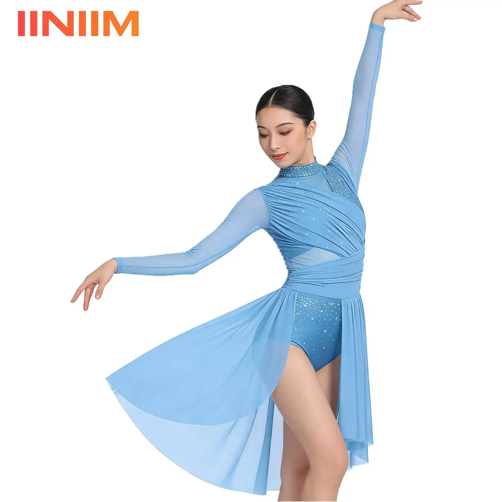 

Womens Glittery Rhinestone Skating Ballet Lyrical Contemporary Dance Performance Costume Long Sleeve Ruched Backless Dress