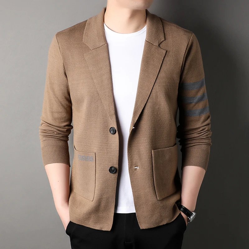 High Quality Autumn Winter Fashion Cardigan Sweater Men's Long Sleeve Knitted Sweater Suit Blazer Pocket Tops