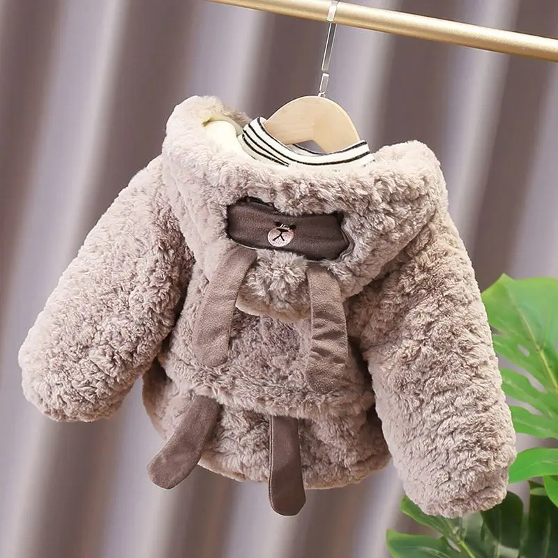 Winter Baby Girls Boys Cartoon Bear Warm Jacket Hooded Outerwear Children Thick Fleece Coat Cashmere Padded Jackets for Kids