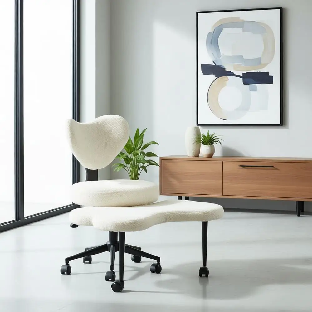 Adjustable Height Swivel Meditation Chair with Lumbar Support for Home Office, Teddy Fabric, Off-White