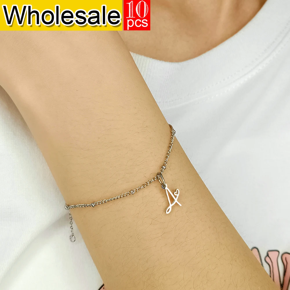 10PCS Simple Style Silver color Stainless Steel Women's Letter Bracelet 26 Initial Letter Pendant Accessories Jewelry Wholesale