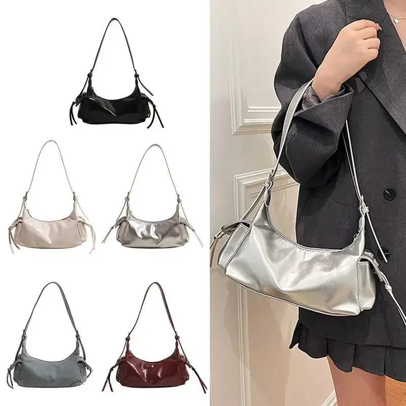 

Y2K Retro Women's Underarm Bag Punk Style Soft PU Leather Handbag Silver Trendy Shoulder Purse