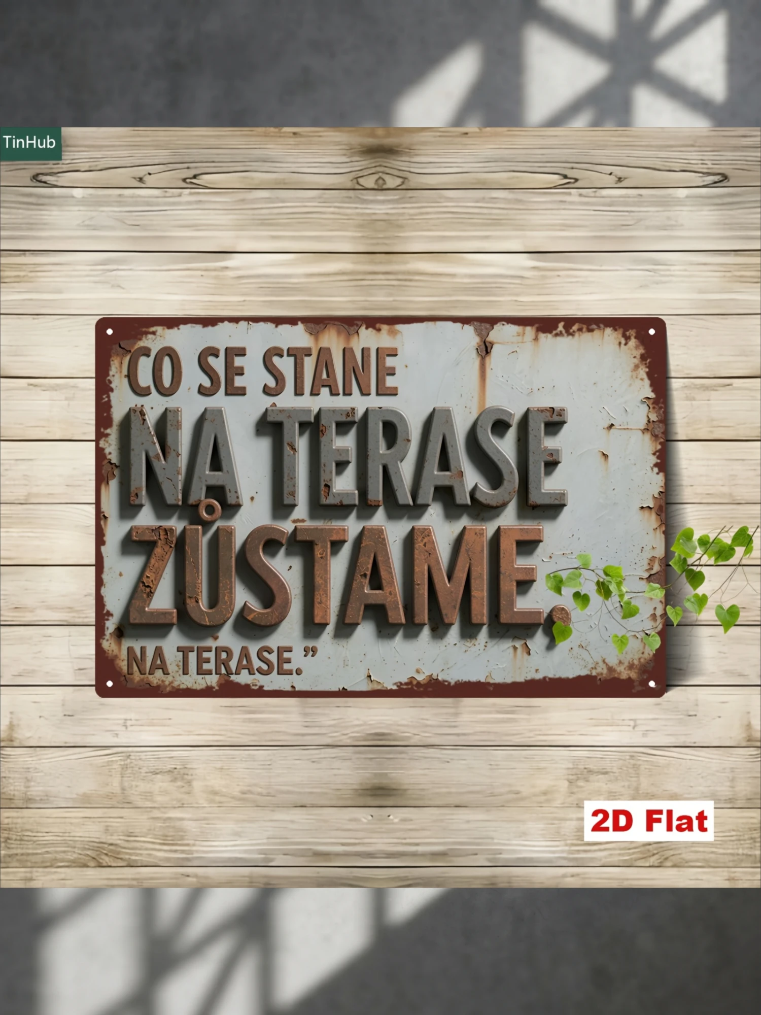 Letrero metálico vintage checo con eslogan, plano 2D, 7.87X11.81 pulgadas, con cita humorística 'Lo que sucede en el balcón, permanece en el balcón', decoración de estilo industrial retro, adecuado para el hogar, bar, cafetería, terraza, letrero con citas divertidas y lemas de vida.