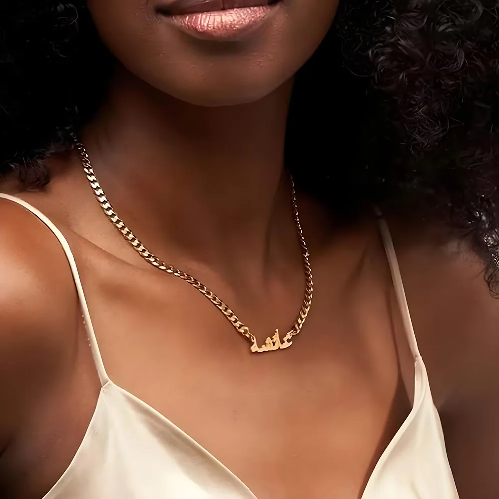 Custom Arabic Script Name Necklace Thick Cuban Chain Personalized Calligraphy Pendant 18K Gold Plated Stainless Steel for Women