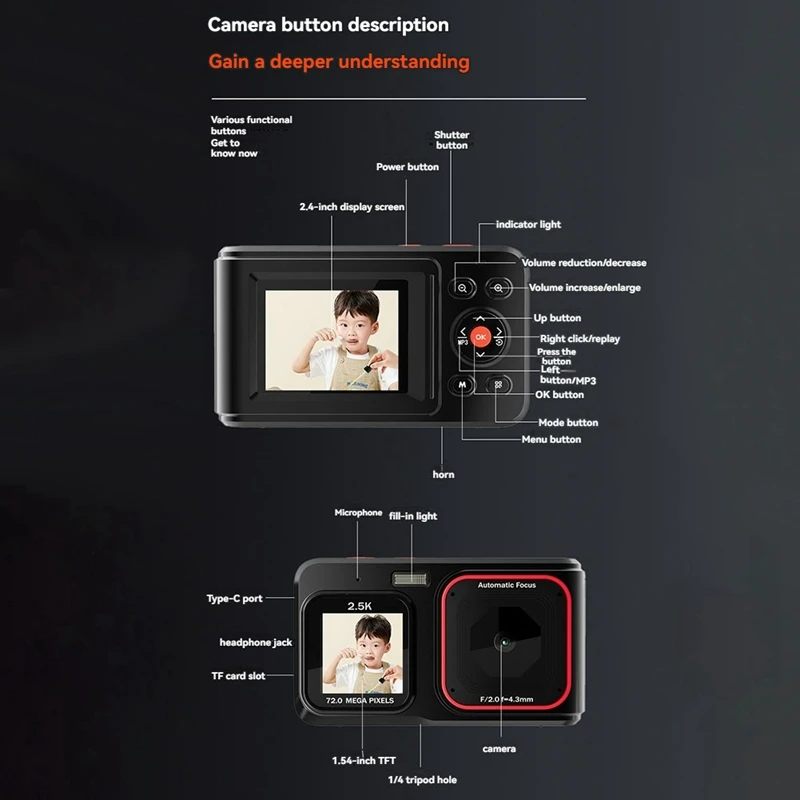 Kids Mini Digital Camera 2.5K HD 72MP Dual Screen High-Definition Pixel Camera 16X Zoom Monocular Cameras With MP3