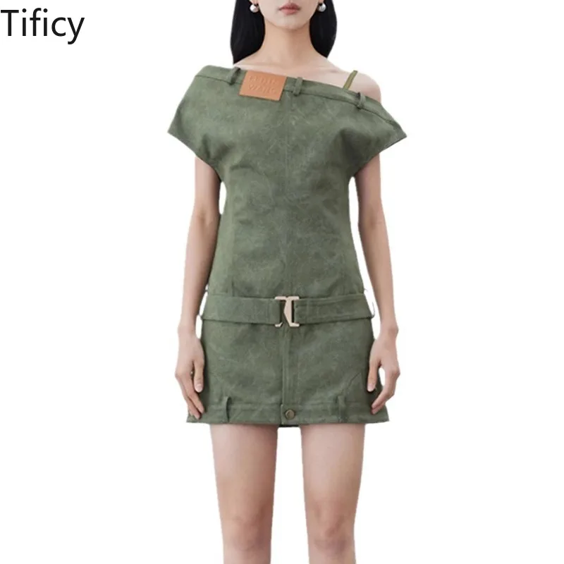 

TIFICY Korean Fashion Denim Mini Dresses Women's Summer Item Slanted Shoulder Collar Niche Waist Belt Cinched Irregular Dress