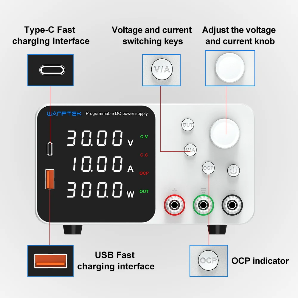 Wanptek Lab DC-Netzteil, einstellbar, USB-Ladefunktion, Display, 30V 5A 10A 60V 5A 120V 3A, Spannungsregler für Reparaturen – Detail 8