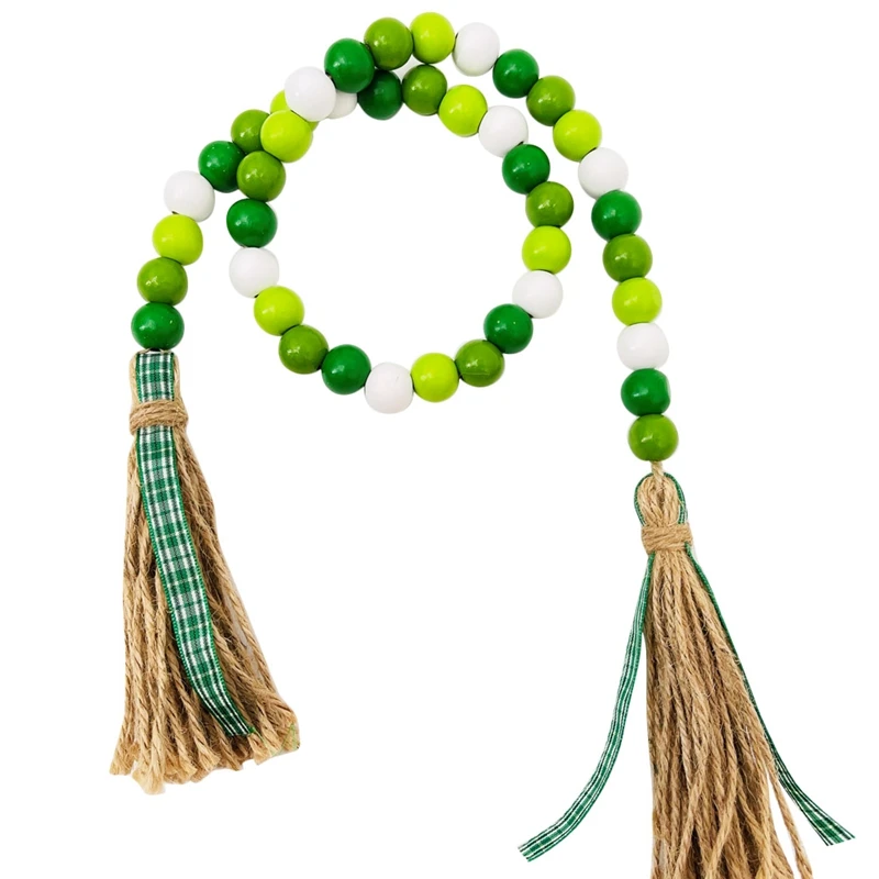 St. Patrick's Day Wood Beads Garland With Tassel, Rustic Farmhouse Beads Prayer Beads Tiered Tray Home Spring Decoration