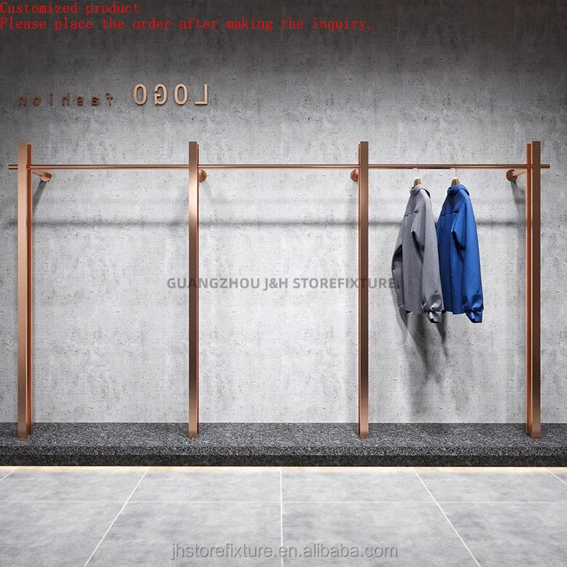 

Simple design rose gold wall mounted custom logo clothing display rack for shop hanging clothes with low moq