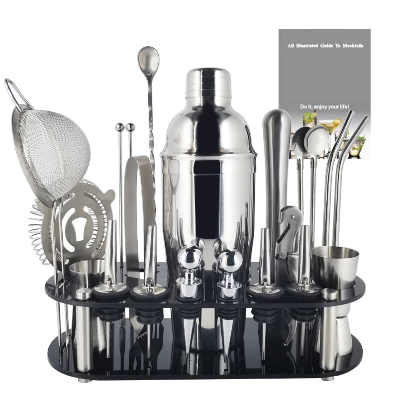 22Pcs 750/600ml Cocktail Shaker Bar Tools Wine Mixer Set Bartender Boston Cocktail Shakers Tool Kit Pourer Jigger with Ho