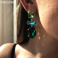 XIALUOKE Metal Geometric Round Oval Mosaic Crystal Drop Earrings For Women Vintage Hyperbole Long Earrings Party Jewelry